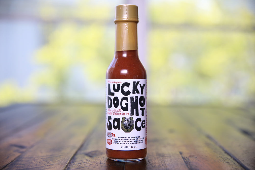 LUCKY DOG HOT SAUCE 5 OZ - Alderwood-smoked scotch bonnet with Drake's Denogginizer, blueberry & Szechuan peppercorn