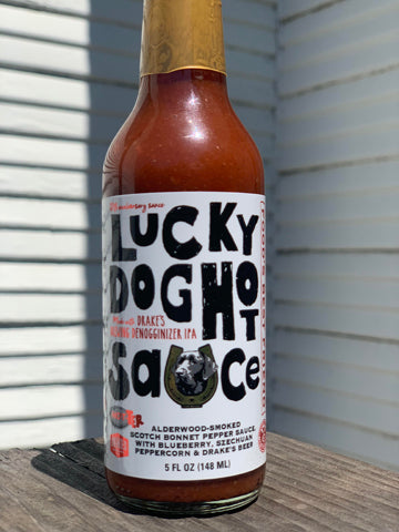 LUCKY DOG HOT SAUCE 5 OZ - Alderwood-smoked scotch bonnet with Drake's Denogginizer, blueberry & Szechuan peppercorn